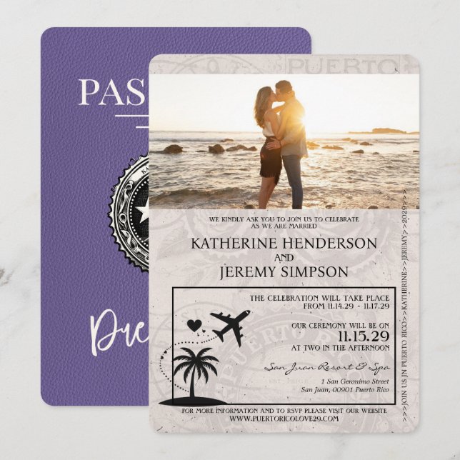 Lilac Puerto Rico Passport Wedding Invitation (Front/Back)