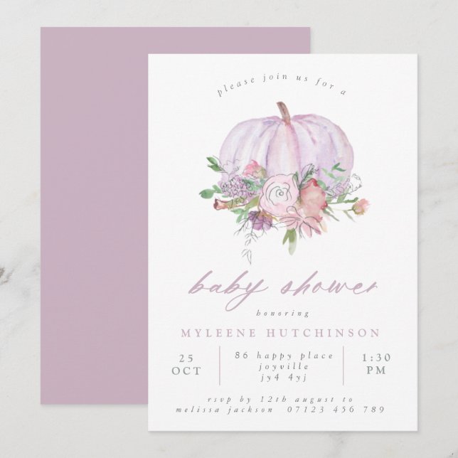 Lilac Pumpkin and Flowers Baby Shower Invitation (Front/Back)