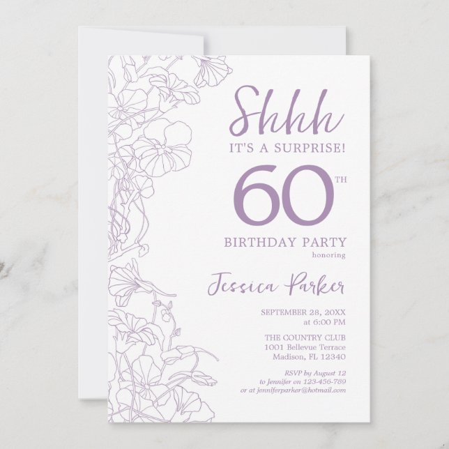 Lilac Purpl White Botanical Surprise 60th Birthday Invitation (Front)