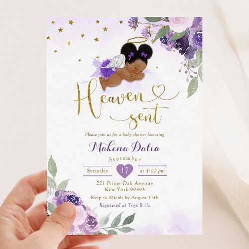 Lilac Purple Afro African Baby Heaven Sent Shower Invitation