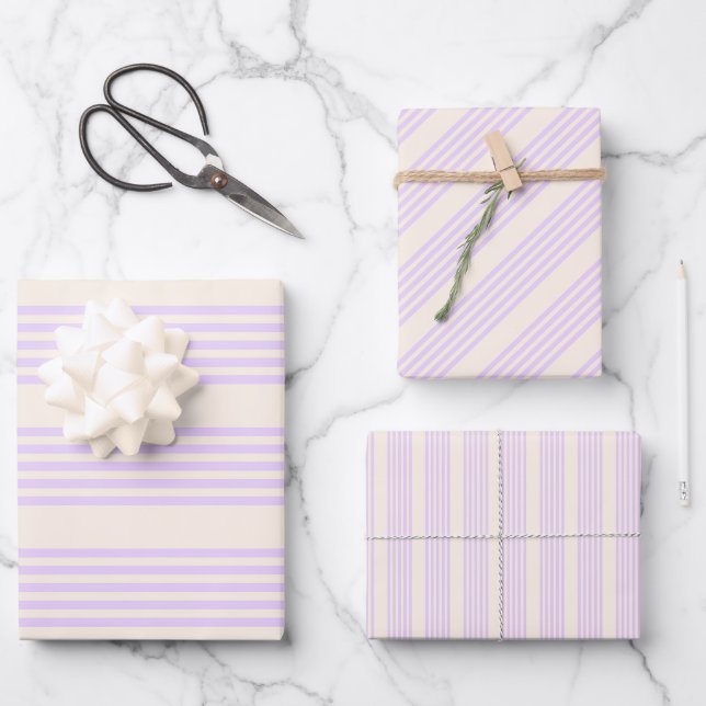 Lilac purple and beige five stripes pattern wrapping paper sheets (Front)