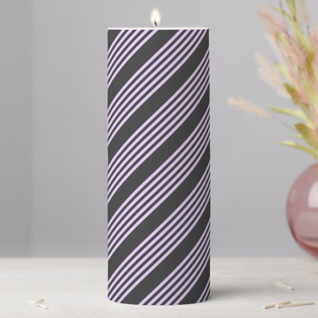 Lilac purple and charcoal five stripes pattern pillar candle (In Situ)