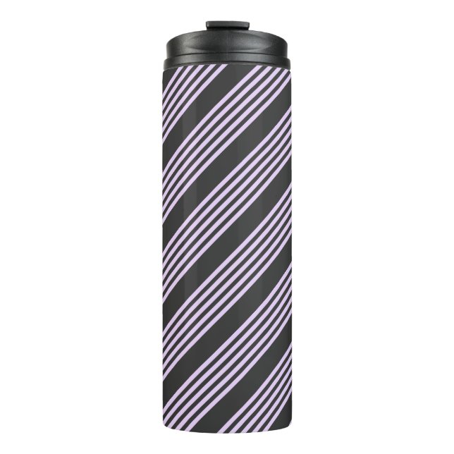 Lilac purple and charcoal five stripes pattern thermal tumbler (Front)