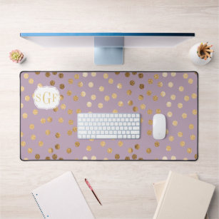Lilac Purple and Gold Glitter Dot Patterned Desk Mat