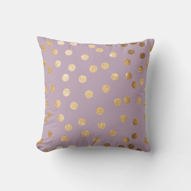 Lilac Purple and Gold Glitter Polka Dot Pillow (Front)