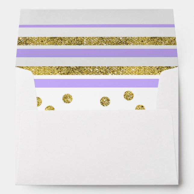 Lilac Purple and Gold Stripes / Confetti Wedding Envelope (Back (Bottom))