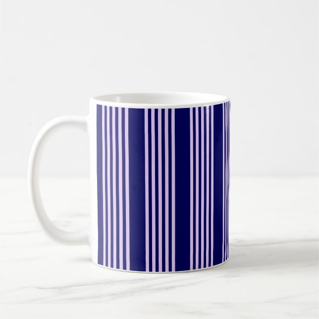 Lilac purple and navy blue five stripes pattern coffee mug (Left)