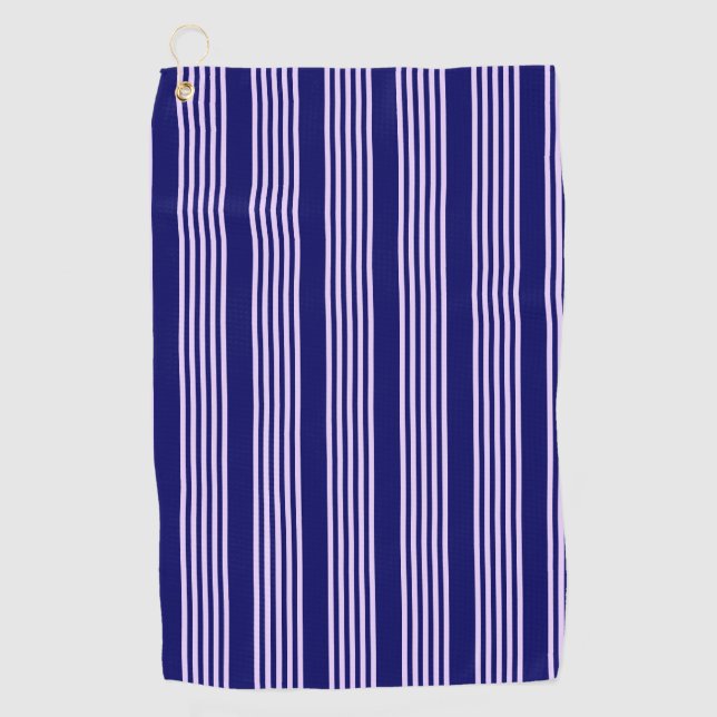 Lilac purple and navy blue five stripes pattern golf towel (Front)