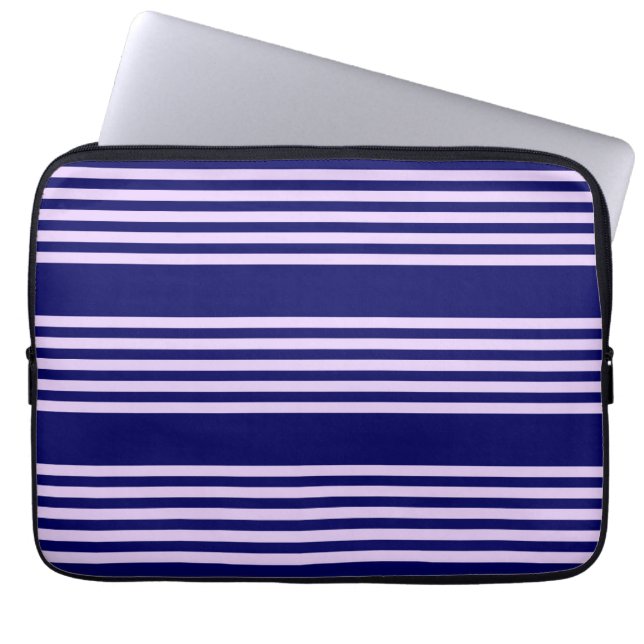 Lilac purple and navy blue five stripes pattern laptop sleeve (Front)