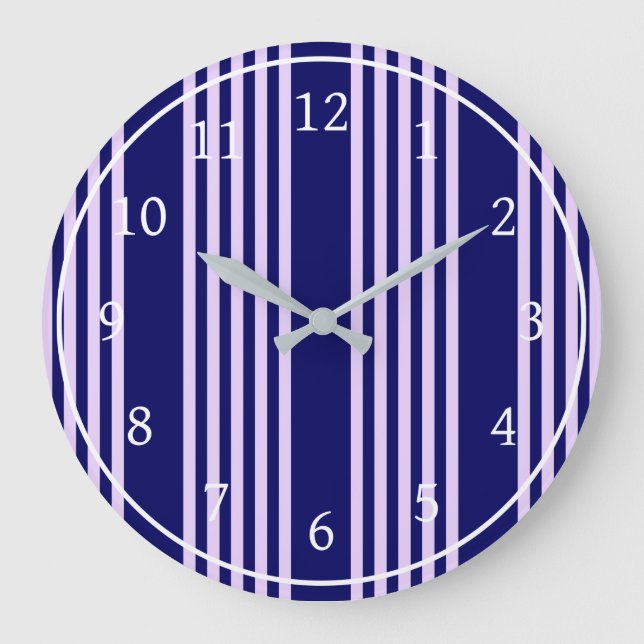 Lilac purple and navy blue five stripes pattern large clock (Front)