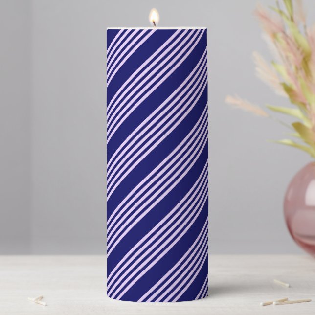 Lilac purple and navy blue five stripes pattern pillar candle (In Situ)