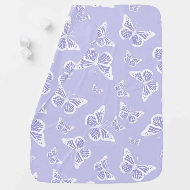 Lilac Purple and White Butterfly Motif Pattern Baby Blanket (In Situ)