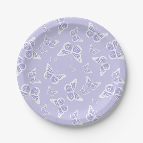 Lilac Purple and White Butterfly Motif Pattern Paper Plates