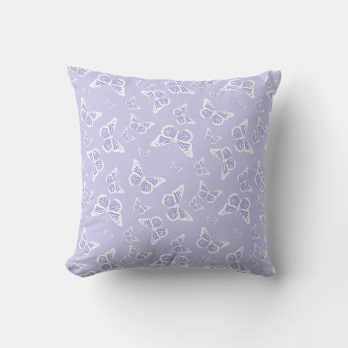 Lilac Purple and White Butterfly Motif Pattern Throw Pillow