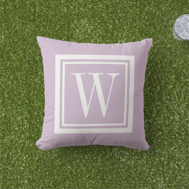 Lilac Purple and White Classic Square Monogram Outdoor Pillow (Grass)