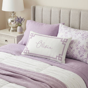 Lilac Purple and White Custom Name Monogram Lumbar Pillow