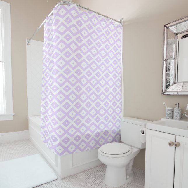 Lilac purple and white diamond pattern shower curtain (In Situ)