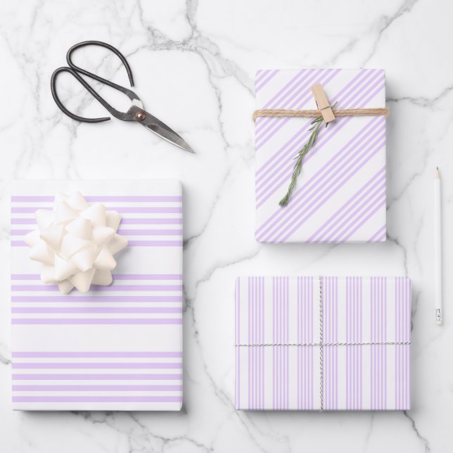 Lilac purple and white five stripes pattern wrapping paper sheets (Front)