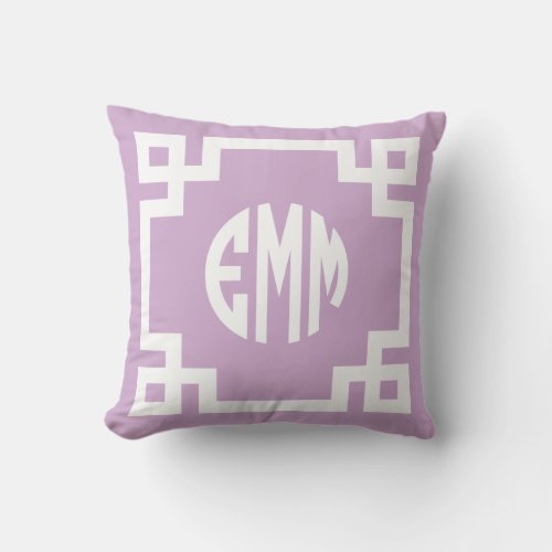 Lilac Purple and White Greek Key Circle Monogram Throw Pillow