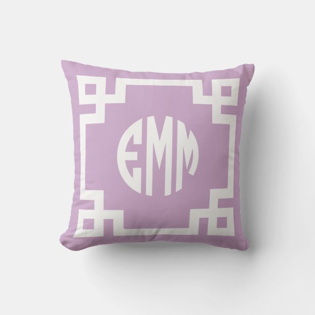 Lilac Purple and White Greek Key Circle Monogram Throw Pillow (Front)