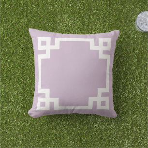 Lilac Purple and White Greek Key   Editable Colors Outdoor Pillow