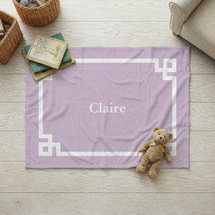 Lilac Purple and White Greek Key Monogram Fleece Blanket
