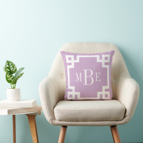 Lilac Purple and White Greek Key Monogram Throw Pillow