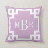 Lilac Purple and White Greek Key Monogram Throw Pillow