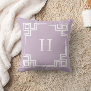 Lilac Purple and White Greek Key Monogram Throw Pillow