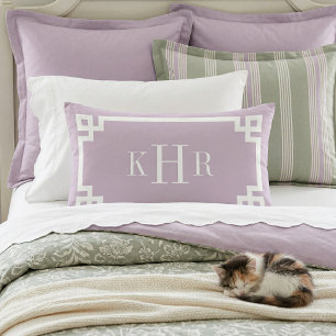 Lilac Purple and White Greek Key   Monogrammed Lumbar Pillow