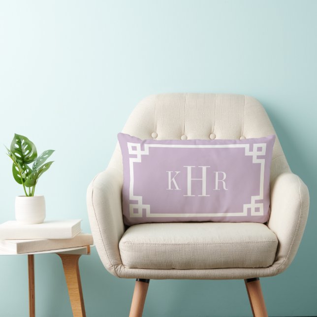 Lilac Purple and White Greek Key | Monogrammed Lumbar Pillow