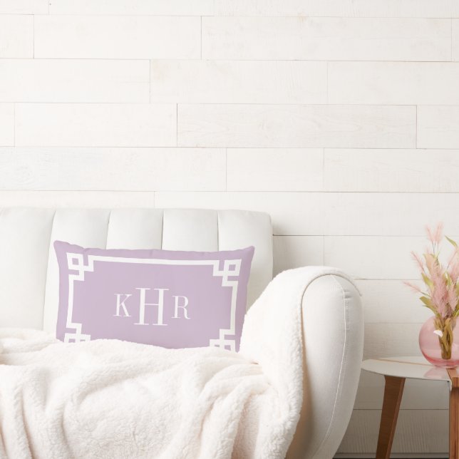Lilac Purple and White Greek Key | Monogrammed Lumbar Pillow