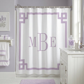 Lilac Purple and White Greek Key | Monogrammed Shower Curtain