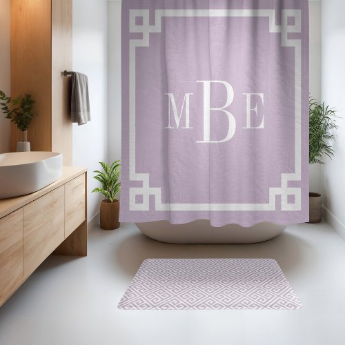 Lilac Purple and White Greek Key  Monogrammed Shower Curtain