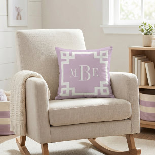 Lilac Purple and White Greek Key   Monogrammed Throw Pillow