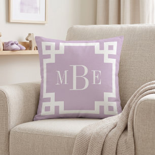 Lilac Purple and White Greek Key Monogrammed Throw Pillow