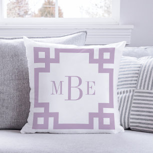 Lilac Purple and White Greek Key Monogrammed Throw Pillow