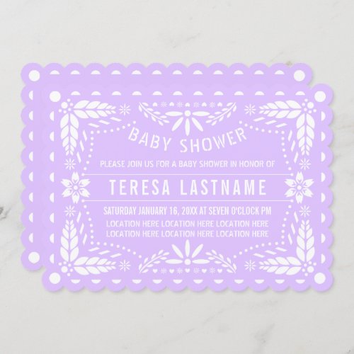 Lilac purple and white papel picado baby shower invitation
