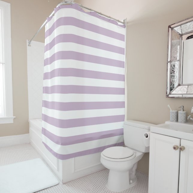 Lilac Purple and White Stripes Shower Curtain (In Situ)