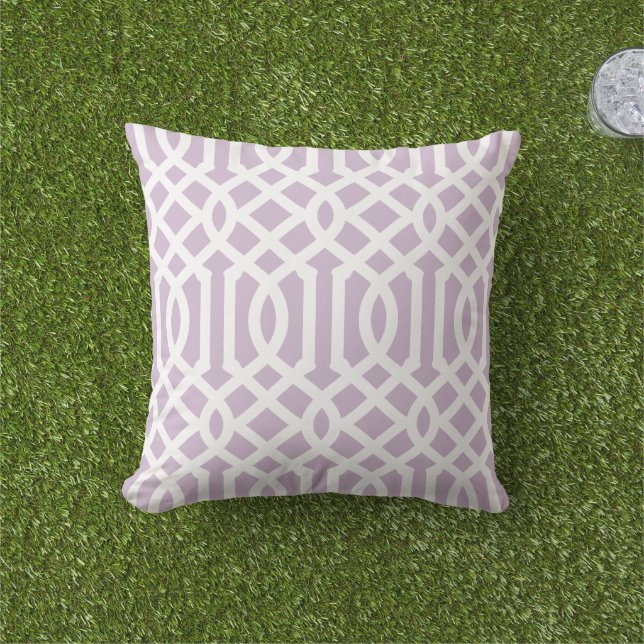 Lilac Purple and White Trellis Pattern Outdoor Pillow (Grass)