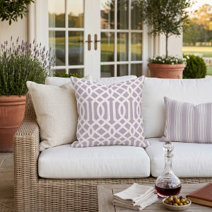 Lilac Purple and White Trellis Pattern Outdoor Pillow
