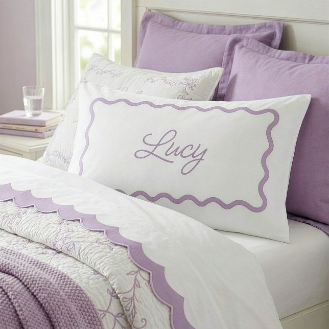 Lilac Purple and White Wavy Scallop Frame Monogram Pillow Case (Creator Uploaded)