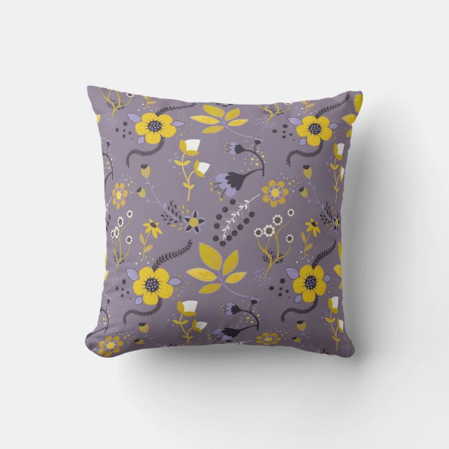 Lilac, Purple And Yellow Floral Pattern Throw Pillow (Front)