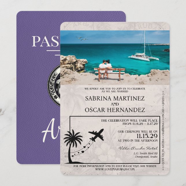Lilac Purple Aruba Passport Wedding Invitation (Front/Back)