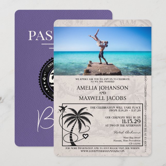 Lilac Purple Bahamas Passport Wedding Invitation (Front/Back)