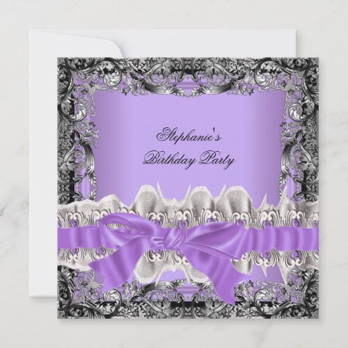 Lilac Purple Birthday Party Silver Black Bow image Invitation