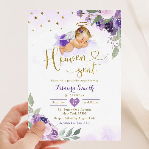 Lilac Purple Blonde Baby Heaven Sent Baby Shower Invitation