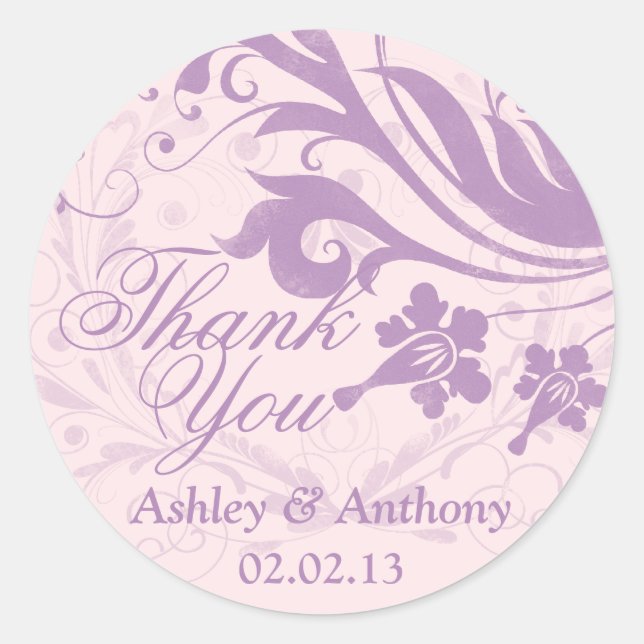Lilac Purple Blush Floral Wedding Thank You Favor Classic Round Sticker (Front)