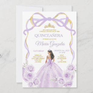 Lilac Purple Bow Princess Gold Crown Quinceañera Invitation