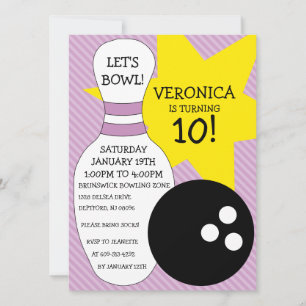 Lilac Purple Bowling Bash Bowling Birthday Party Invitation